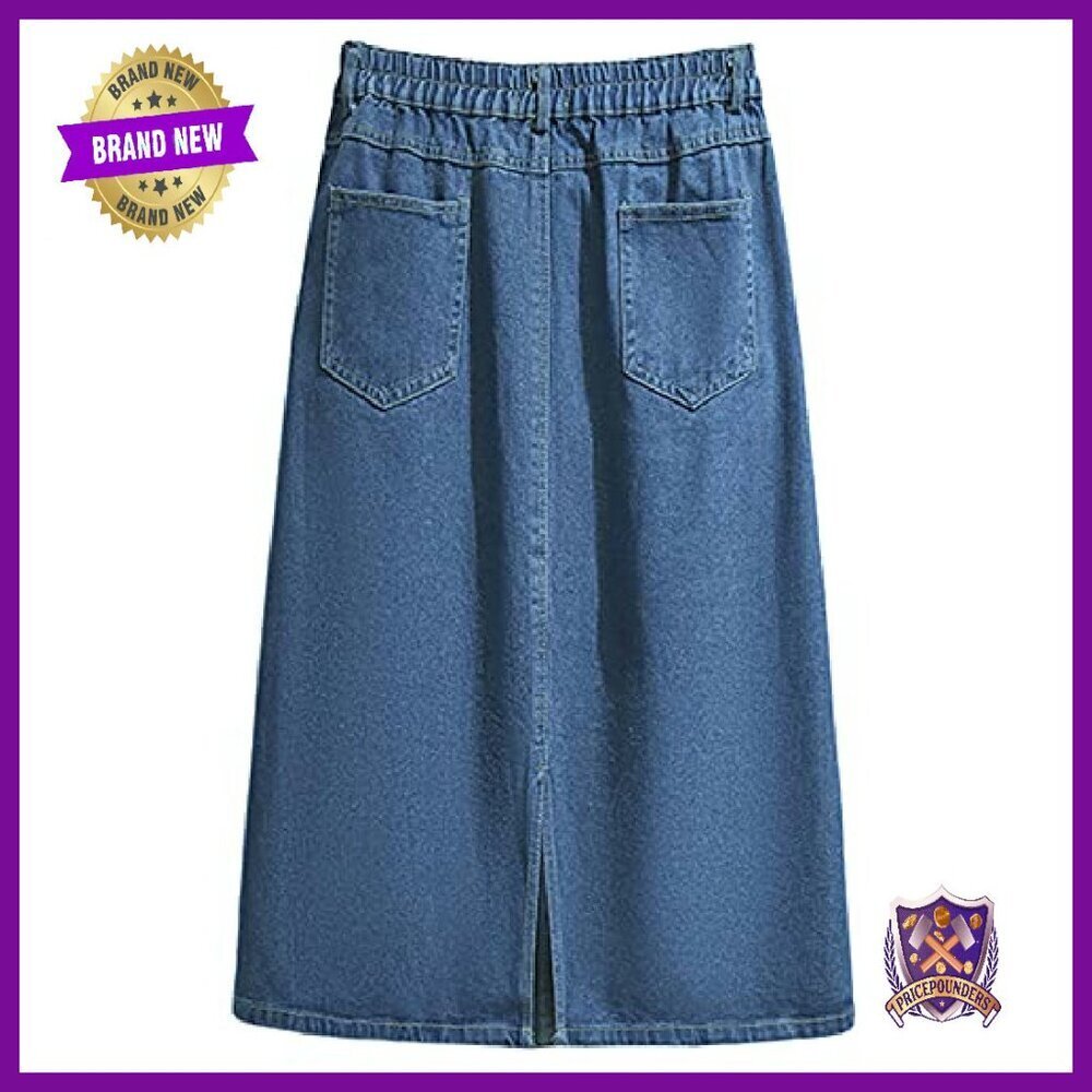 Elastic Waist Midi Denim Skirt with Pockets A-Line Flare - Picture 3 of 7